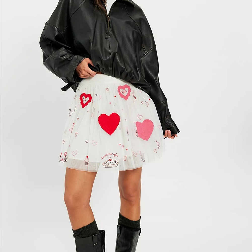 Free People White Skirt with Red and Pink Hearts